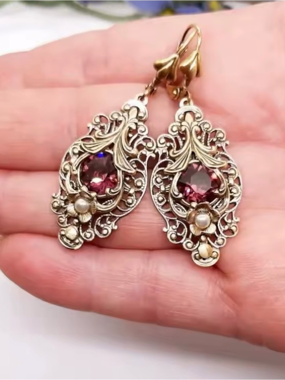 Vintage Ruby Filigree Drop Earrings | Gold Tone Statement Earri - Picture 3 of 3